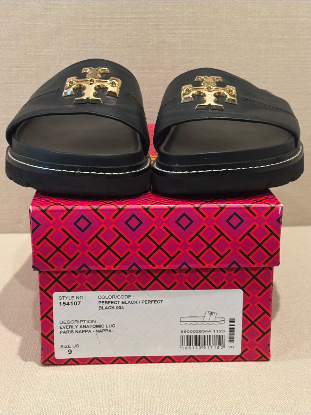 Tory Burch Black Leather Slide Sandals with Gold Logo Emblem - Picture 4 of 4